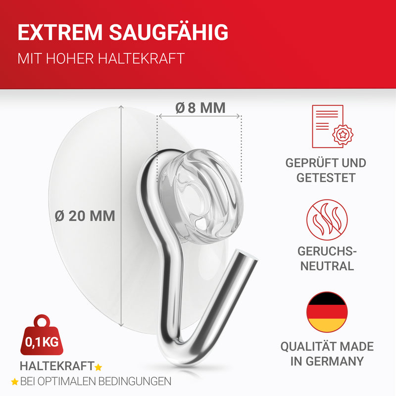 LouMaxx Saugnapf Haken Ø 20 mm - transparente Saugnäpfe für Fenster, Bad und Küche - zuverlässiger Halt auf Glas und glatten Oberflächen – 20er Set