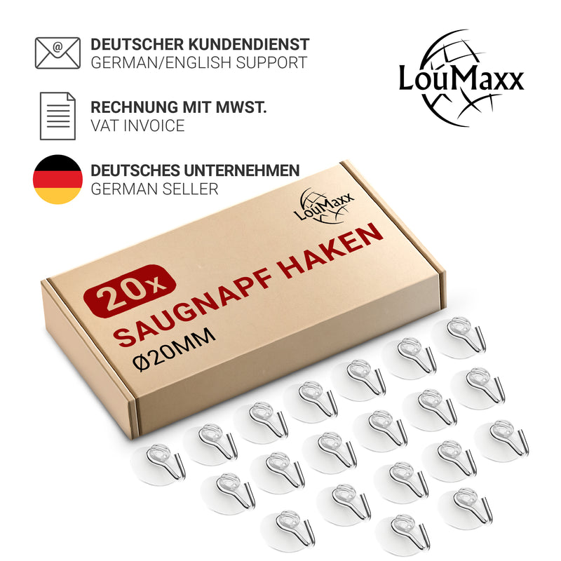 LouMaxx Saugnapf Haken Ø 20 mm - transparente Saugnäpfe für Fenster, Bad und Küche - zuverlässiger Halt auf Glas und glatten Oberflächen – 20er Set