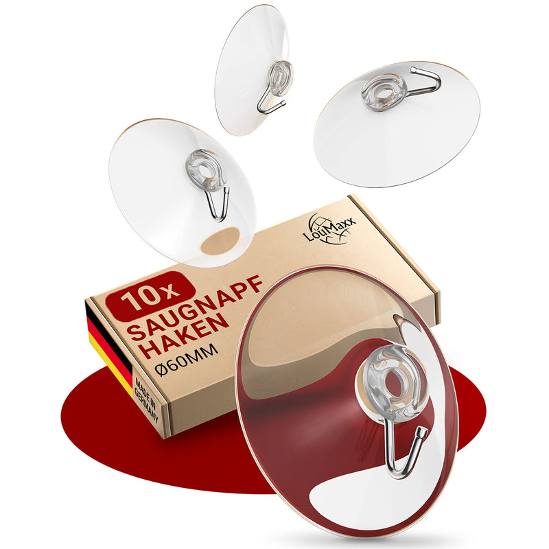 LouMaxx Saugnapf Haken Ø 60 mm - transparente Saugnäpfe für Fenster, Bad und Küche - zuverlässiger Halt auf Glas und glatten Oberflächen – 10er Set