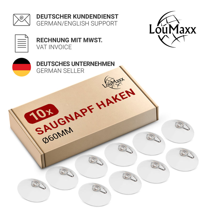 LouMaxx Saugnapf Haken Ø 60 mm - transparente Saugnäpfe für Fenster, Bad und Küche - zuverlässiger Halt auf Glas und glatten Oberflächen – 10er Set