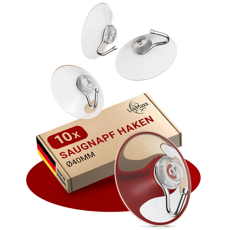 LouMaxx Saugnapf Haken Ø 40 mm - transparente Saugnäpfe für Fenster, Bad und Küche - zuverlässiger Halt auf Glas und glatten Oberflächen – 10er Set