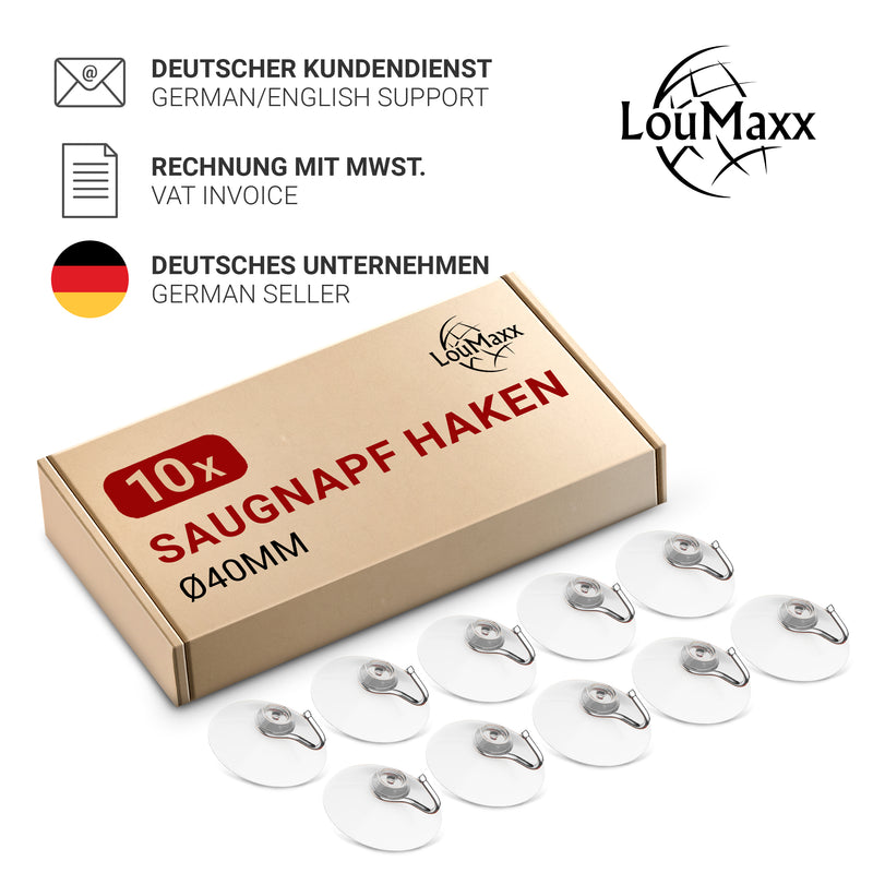 LouMaxx Saugnapf Haken Ø 40 mm - transparente Saugnäpfe für Fenster, Bad und Küche - zuverlässiger Halt auf Glas und glatten Oberflächen – 10er Set