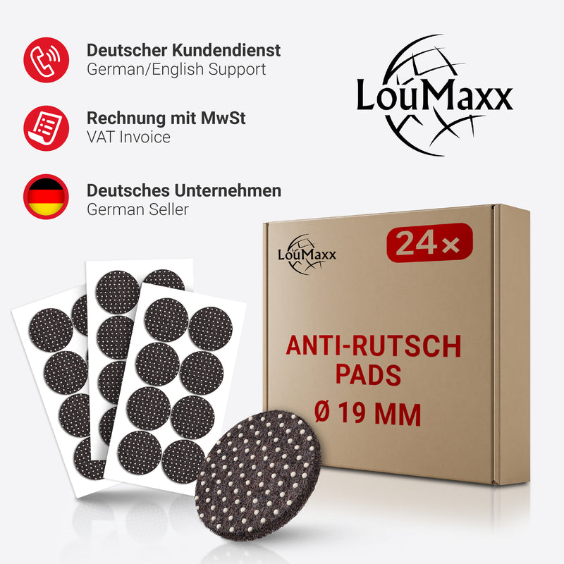 LouMaxx Antirutsch Pads selbstklebend | Anti Rutsch Pads Ø 19 mm | Rutschhemmende Möbelstopper mit extra starkem Halt – 24er Set Filzgleiter Gummi Noppen in Braun