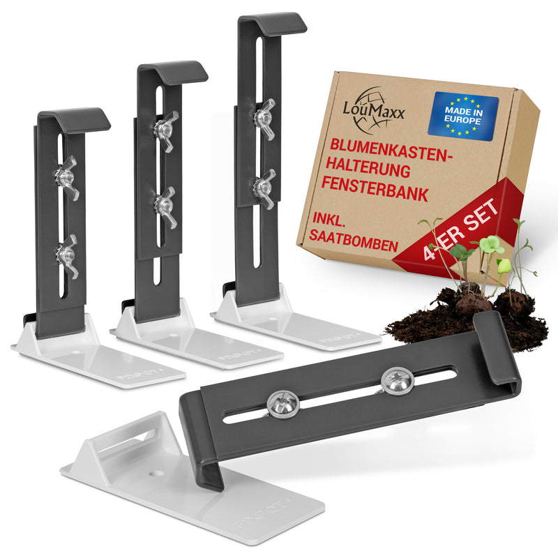 LouMaxx Blumenkastenhalter anthrazit, 4er Set mit Adapter inkl. Saatbomben