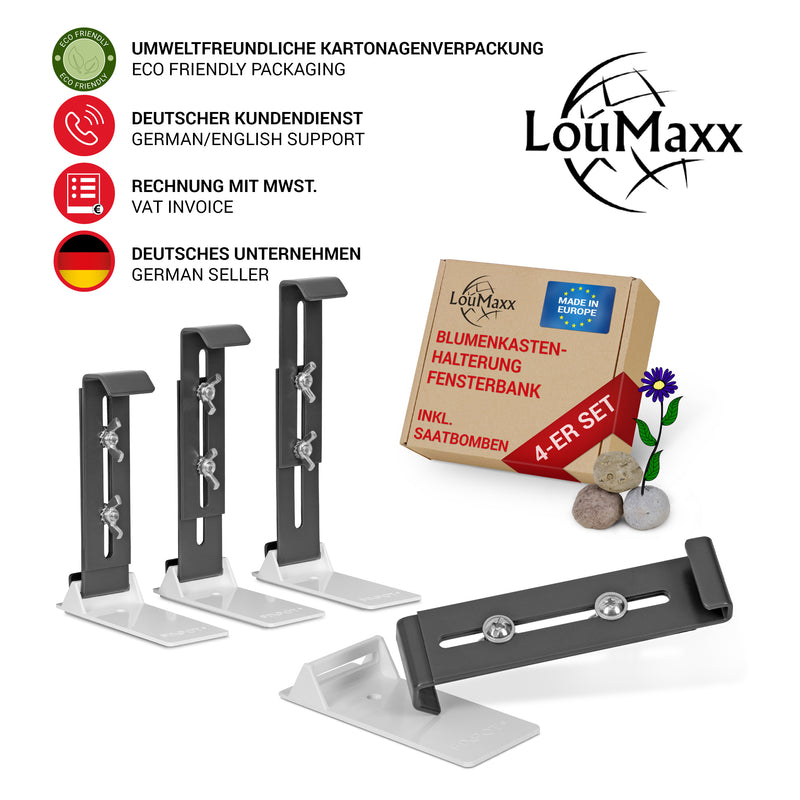 LouMaxx Blumenkastenhalter anthrazit, 4er Set mit Adapter inkl. Saatbomben