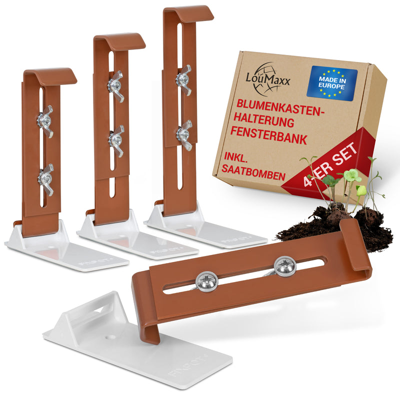 LouMaxx Blumenkastenhalter terracotta, 4er Set mit Adapter inkl. Saatbomben