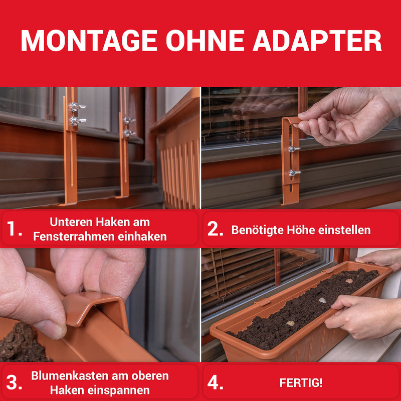 LouMaxx Blumenkastenhalter terracotta, 4er Set mit Adapter inkl. Saatbomben
