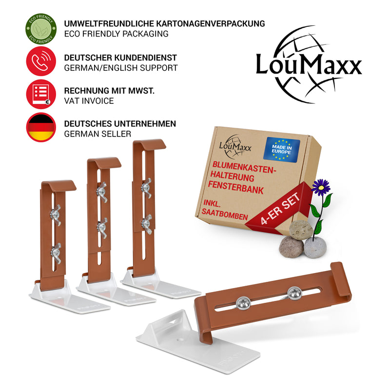 LouMaxx Blumenkastenhalter terracotta, 4er Set mit Adapter inkl. Saatbomben