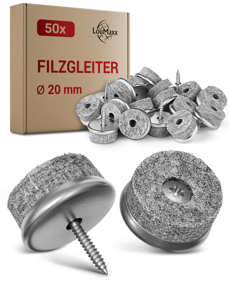 LouMaxx 50er Set Filzgleiter Schrauben rund, Ø 20mm grau