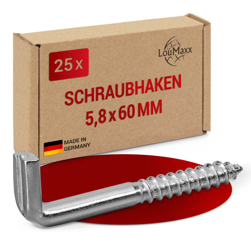 LouMaxx Schraubhaken 5,8x60 mm - 25er Set Winkelschrauben - Regalhaken mit Traglast bis 50 kg - Hacken Schrauben verzinkt - Robuste Wandhaken Schrauben für Bilder, Regale & mehr