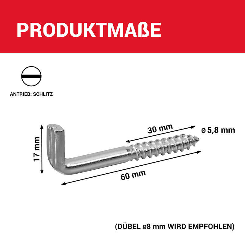 LouMaxx Schraubhaken 5,8x60 mm - 25er Set Winkelschrauben - Regalhaken mit Traglast bis 50 kg - Hacken Schrauben verzinkt - Robuste Wandhaken Schrauben für Bilder, Regale & mehr
