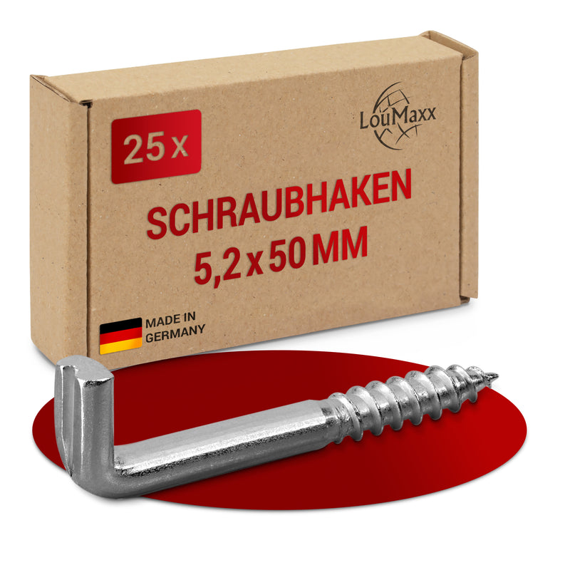 LouMaxx Schraubhaken 5,2x50 mm - 25er Set Winkelschrauben - Regalhaken mit Traglast bis 50 kg - Hacken Schrauben verzinkt - Robuste Wandhaken Schrauben für Bilder, Regale & mehr