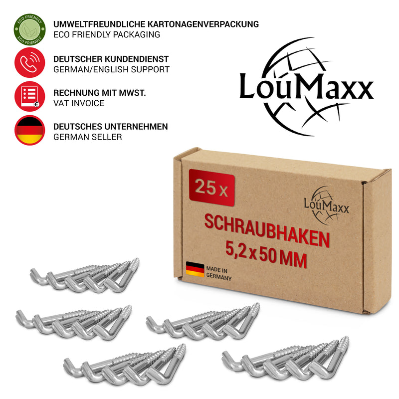 LouMaxx Schraubhaken 5,2x50 mm - 25er Set Winkelschrauben - Regalhaken mit Traglast bis 50 kg - Hacken Schrauben verzinkt - Robuste Wandhaken Schrauben für Bilder, Regale & mehr