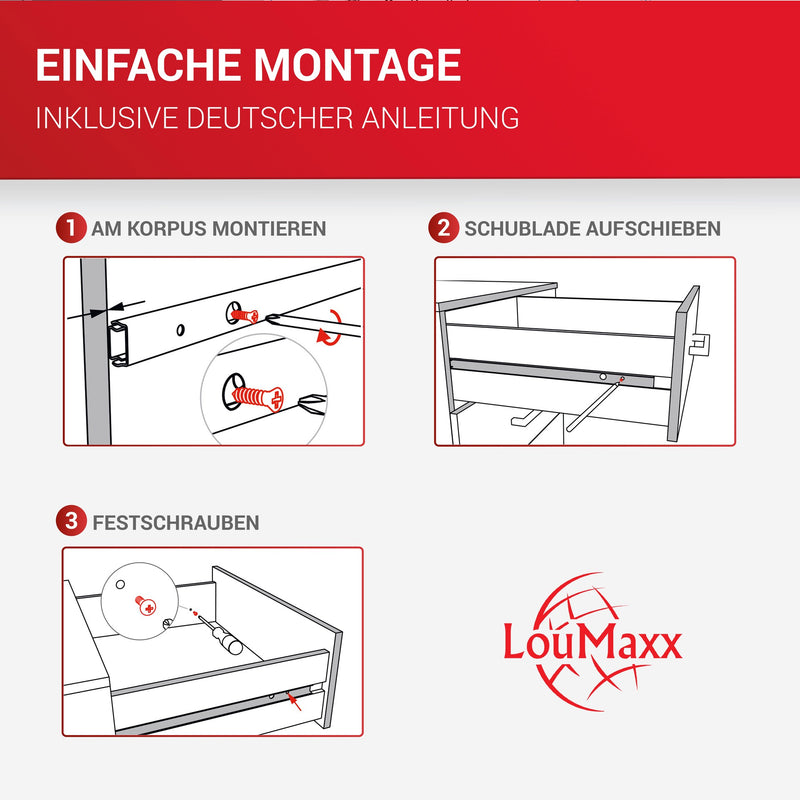 LouMaxx Kugelauszug 4er Set Schubladenschienen 27 mm Nut | 300 mm Schienen Schublade | Schubladen Schienensystem mit Teilauszug für 27mm Nut