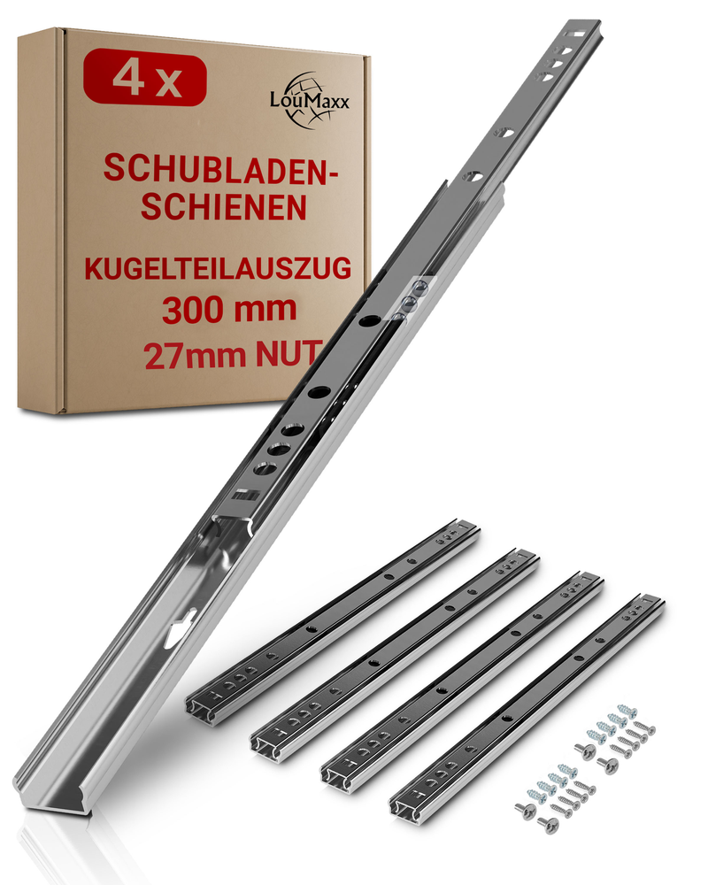 LouMaxx Kugelauszug 4er Set Schubladenschienen 27 mm Nut | 300 mm Schienen Schublade | Schubladen Schienensystem mit Teilauszug für 27mm Nut
