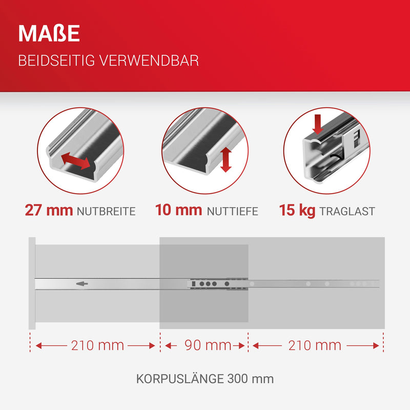 LouMaxx Kugelauszug 4er Set Schubladenschienen 27 mm Nut | 300 mm Schienen Schublade | Schubladen Schienensystem mit Teilauszug für 27mm Nut