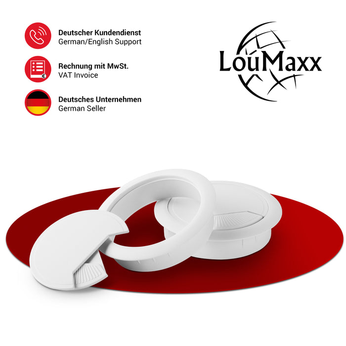 LouMaxx Kabeldurchführung Schreibtisch weiß – 2er Set Kabeldurchlass 60mm Ø - Tisch Kabel Durchführungen aus stabilem Kunststoff - passgenaue Kabellochabdeckung mit stabiler Tisch Kabeldurchführung