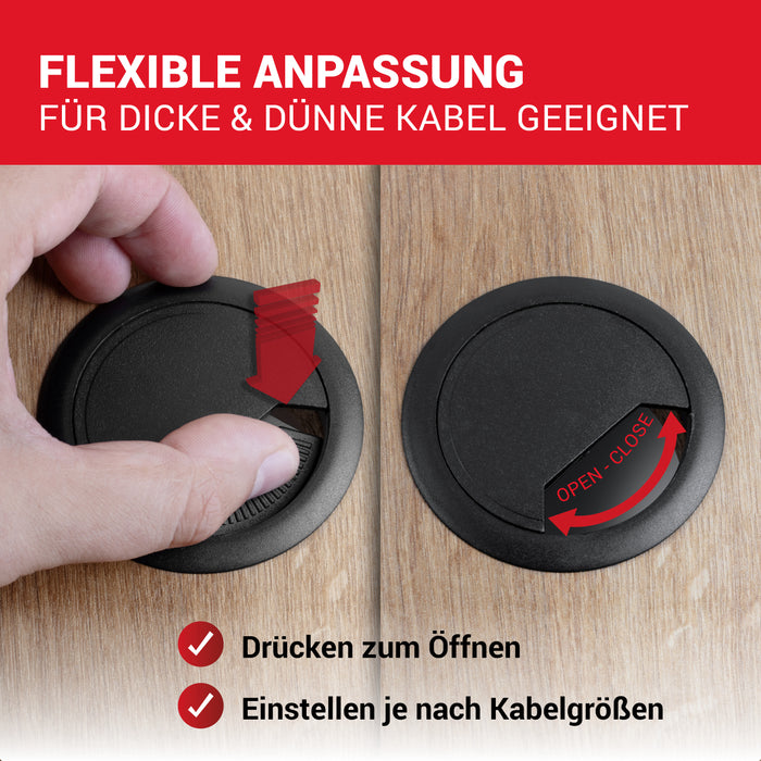LouMaxx Kabeldurchführung Schreibtisch schwarz – 2er Set Kabeldurchlass 60mm Ø - Tisch Kabel Durchführungen aus stabilem Kunststoff - passgenaue Kabellochabdeckung mit stabiler Tisch Kabeldurchführung