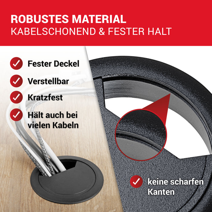 LouMaxx Kabeldurchführung Schreibtisch schwarz – 2er Set Kabeldurchlass 60mm Ø - Tisch Kabel Durchführungen aus stabilem Kunststoff - passgenaue Kabellochabdeckung mit stabiler Tisch Kabeldurchführung