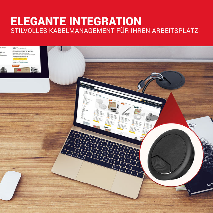 LouMaxx Kabeldurchführung Schreibtisch schwarz – 2er Set Kabeldurchlass 60mm Ø - Tisch Kabel Durchführungen aus stabilem Kunststoff - passgenaue Kabellochabdeckung mit stabiler Tisch Kabeldurchführung