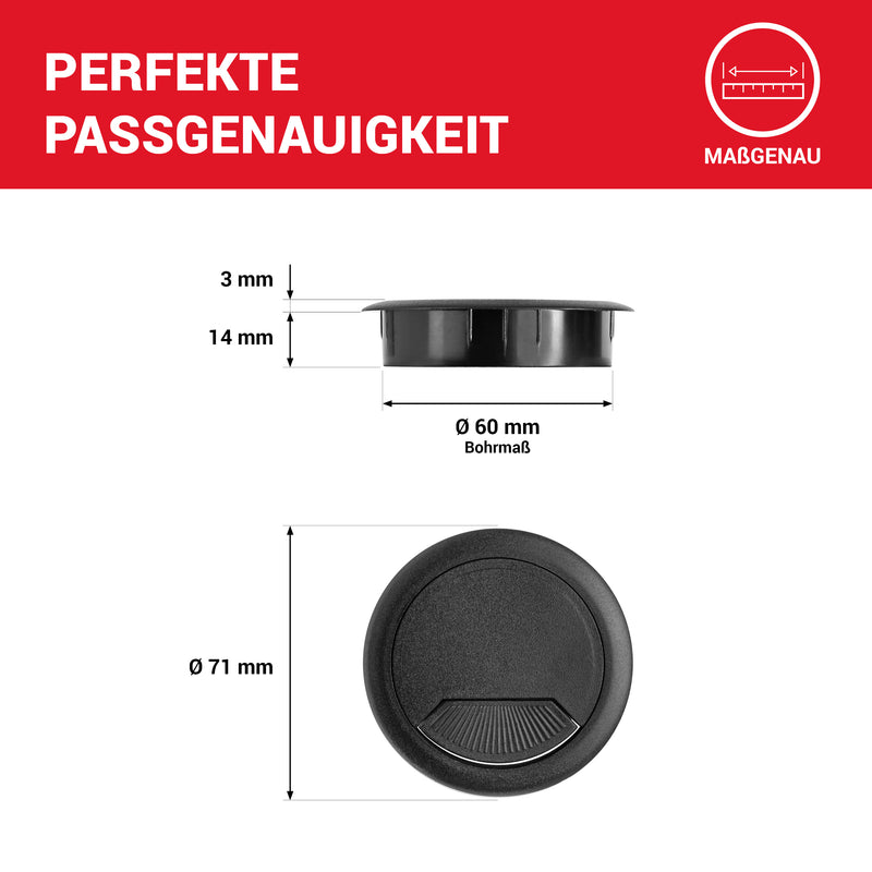 LouMaxx Kabeldurchführung Schreibtisch schwarz – 8er Set Kabeldurchlass 60mm Ø - Tisch Kabel Durchführungen aus stabilem Kunststoff - passgenaue Kabellochabdeckung mit stabiler Tisch Kabeldurchführung