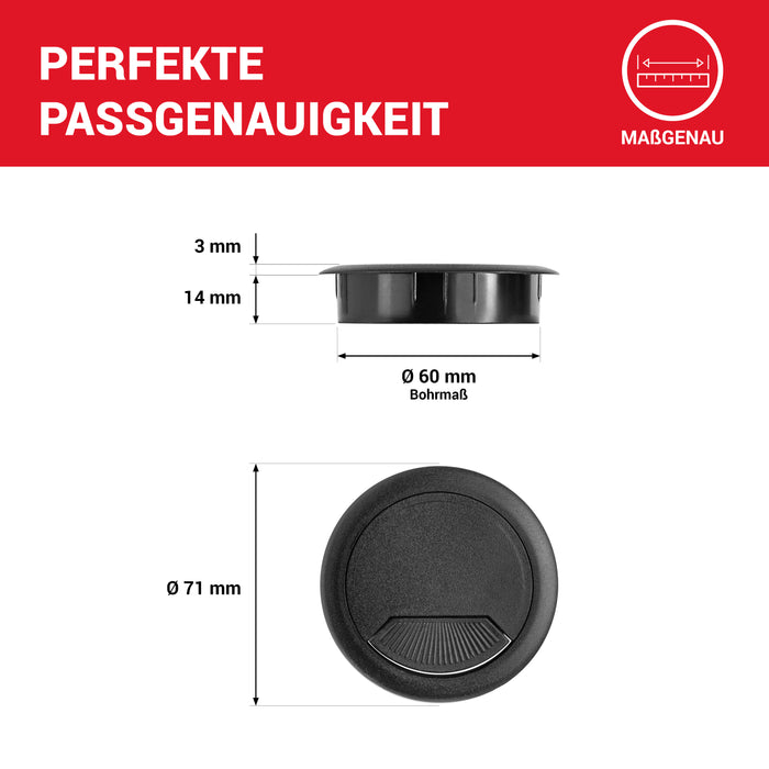 LouMaxx Kabeldurchführung Schreibtisch schwarz – 2er Set Kabeldurchlass 60mm Ø - Tisch Kabel Durchführungen aus stabilem Kunststoff - passgenaue Kabellochabdeckung mit stabiler Tisch Kabeldurchführung