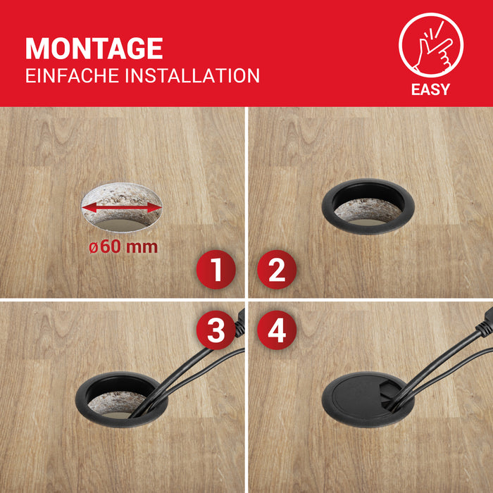 LouMaxx Kabeldurchführung Schreibtisch schwarz – 2er Set Kabeldurchlass 60mm Ø - Tisch Kabel Durchführungen aus stabilem Kunststoff - passgenaue Kabellochabdeckung mit stabiler Tisch Kabeldurchführung