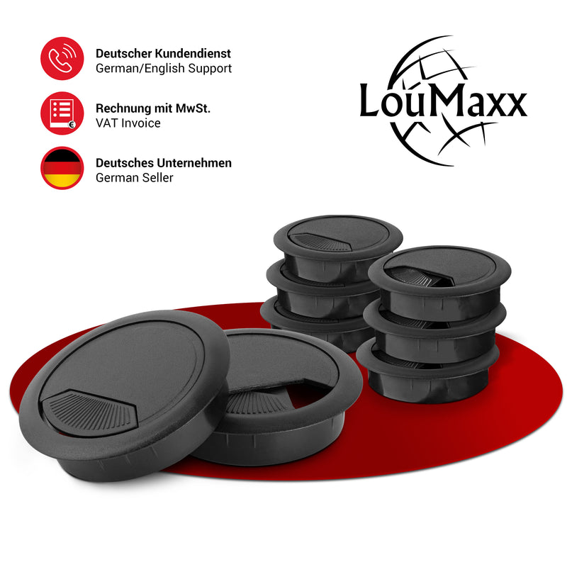 LouMaxx Kabeldurchführung Schreibtisch schwarz – 8er Set Kabeldurchlass 60mm Ø - Tisch Kabel Durchführungen aus stabilem Kunststoff - passgenaue Kabellochabdeckung mit stabiler Tisch Kabeldurchführung