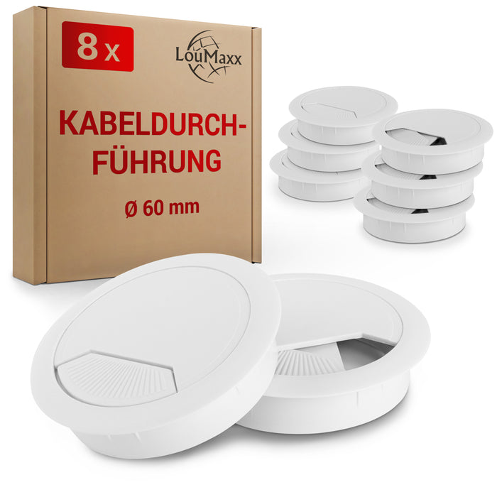 LouMaxx Kabeldurchführung Schreibtisch weiß – 8er Set Kabeldurchlass 60mm Ø - Tisch Kabel Durchführungen aus stabilem Kunststoff - passgenaue Kabellochabdeckung mit stabiler Tisch Kabeldurchführung