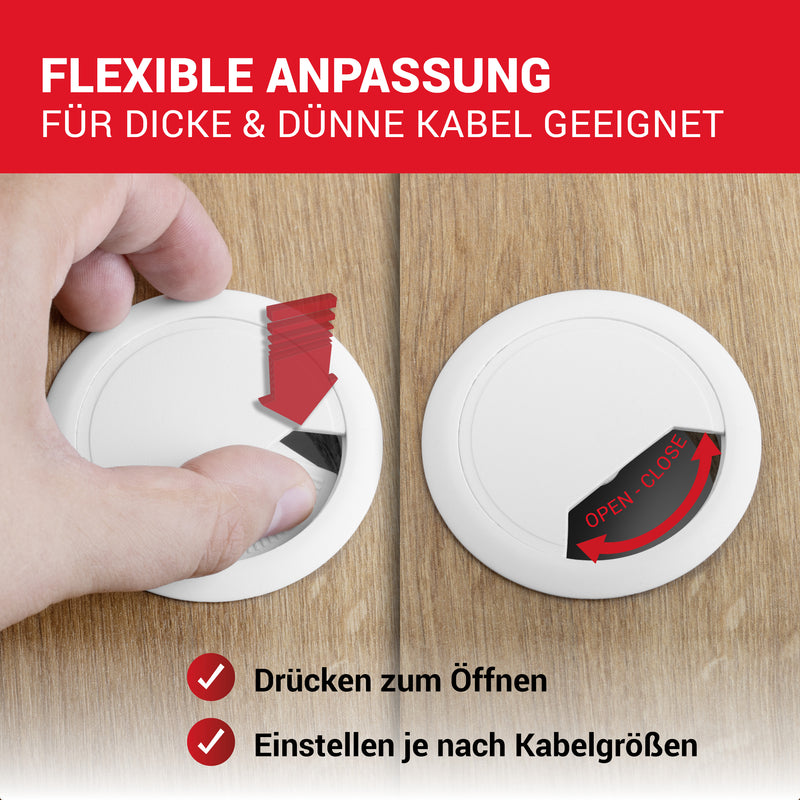 LouMaxx Kabeldurchführung Schreibtisch weiß – 2er Set Kabeldurchlass 60mm Ø - Tisch Kabel Durchführungen aus stabilem Kunststoff - passgenaue Kabellochabdeckung mit stabiler Tisch Kabeldurchführung