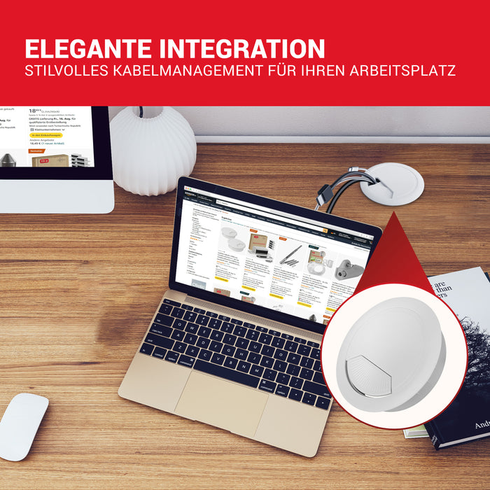 LouMaxx Kabeldurchführung Schreibtisch weiß – 8er Set Kabeldurchlass 60mm Ø - Tisch Kabel Durchführungen aus stabilem Kunststoff - passgenaue Kabellochabdeckung mit stabiler Tisch Kabeldurchführung