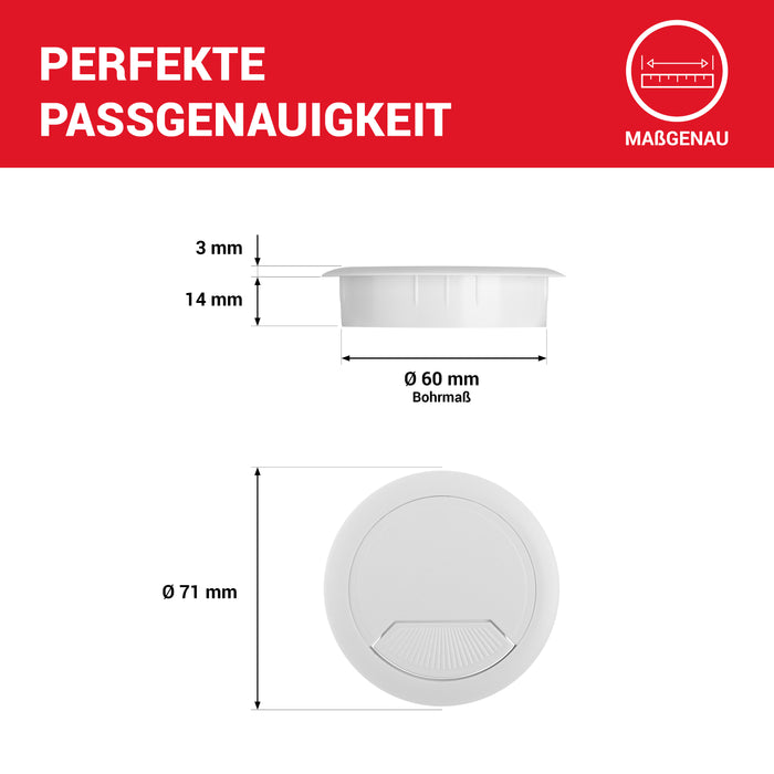 LouMaxx Kabeldurchführung Schreibtisch weiß – 2er Set Kabeldurchlass 60mm Ø - Tisch Kabel Durchführungen aus stabilem Kunststoff - passgenaue Kabellochabdeckung mit stabiler Tisch Kabeldurchführung