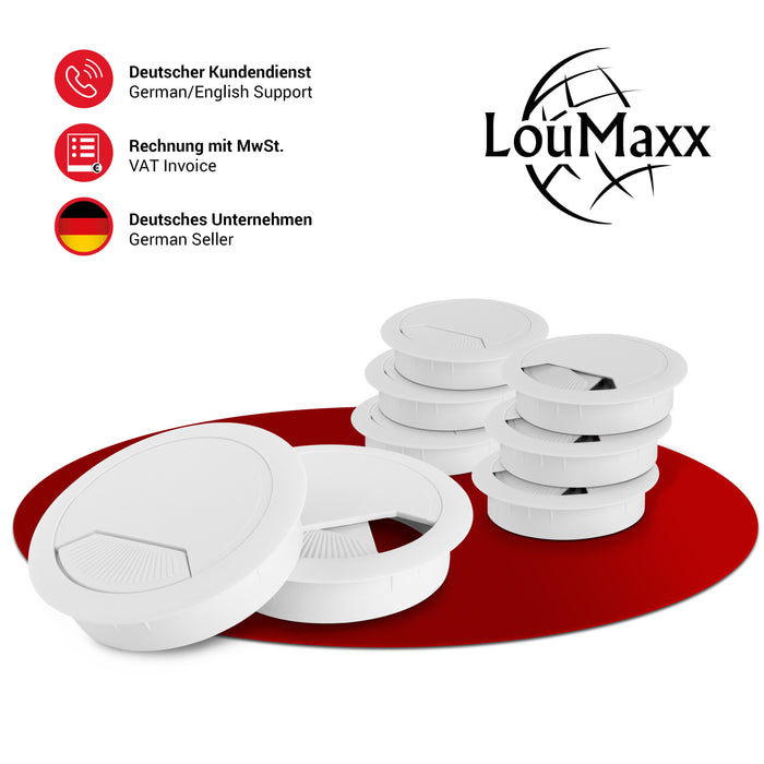 LouMaxx Kabeldurchführung Schreibtisch weiß – 8er Set Kabeldurchlass 60mm Ø - Tisch Kabel Durchführungen aus stabilem Kunststoff - passgenaue Kabellochabdeckung mit stabiler Tisch Kabeldurchführung