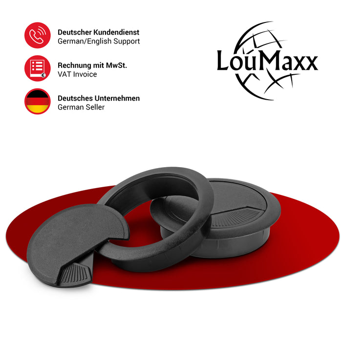 LouMaxx Kabeldurchführung Schreibtisch schwarz – 2er Set Kabeldurchlass 60mm Ø - Tisch Kabel Durchführungen aus stabilem Kunststoff - passgenaue Kabellochabdeckung mit stabiler Tisch Kabeldurchführung