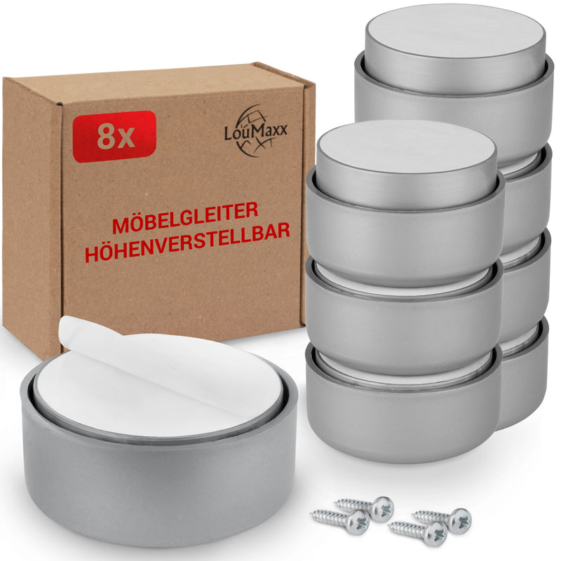 LouMaxx Möbelfüße höhenverstellbar– Füße für Möbel Ø 53,5 mm aus Kunststoff – Hochwertige Möbelerhöhung zum Kleben oder Schrauben – 8er Set Gleitfüße in Silber inkl. Montagematerial