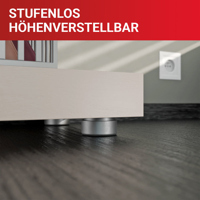 LouMaxx Möbelfüße höhenverstellbar– Füße für Möbel Ø 53,5 mm aus Kunststoff – Hochwertige Möbelerhöhung zum Kleben oder Schrauben – 8er Set Gleitfüße in Silber inkl. Montagematerial