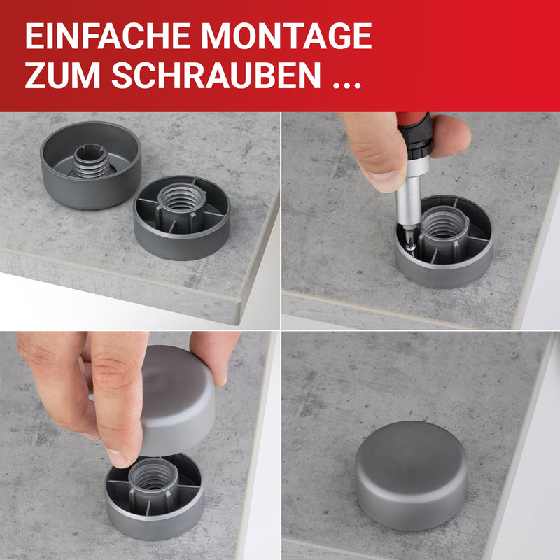 LouMaxx Möbelfüße höhenverstellbar– Füße für Möbel Ø 53,5 mm aus Kunststoff – Hochwertige Möbelerhöhung zum Kleben oder Schrauben – 8er Set Gleitfüße in Silber inkl. Montagematerial