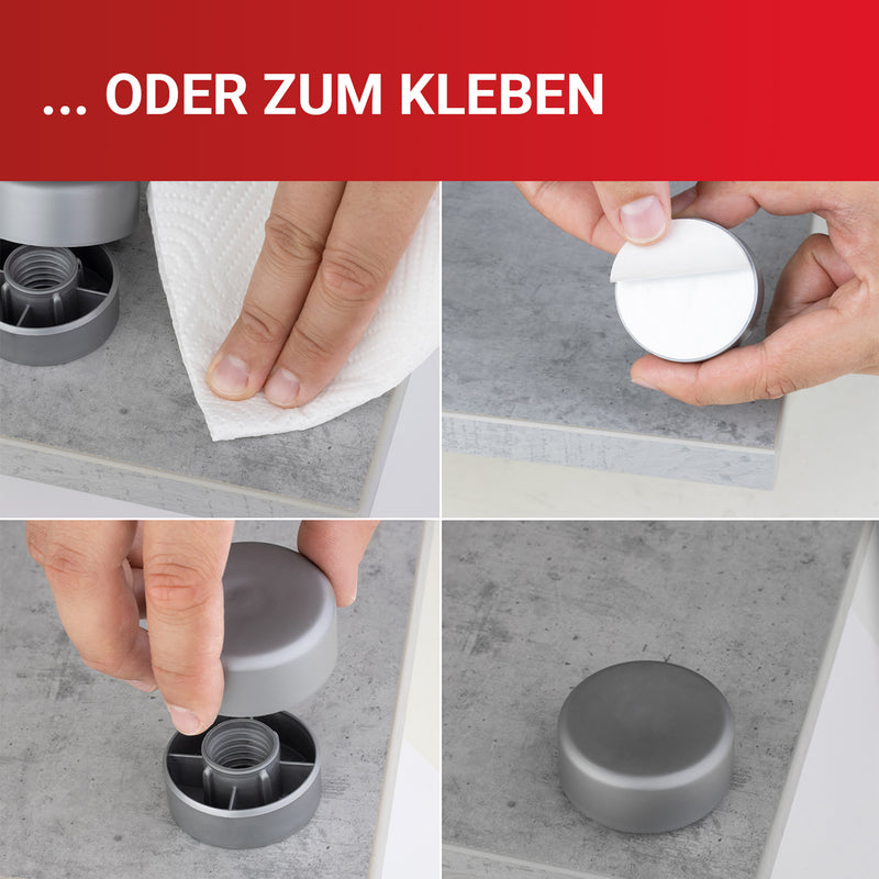 LouMaxx Möbelfüße höhenverstellbar– Füße für Möbel Ø 53,5 mm aus Kunststoff – Hochwertige Möbelerhöhung zum Kleben oder Schrauben – 8er Set Gleitfüße in Silber inkl. Montagematerial