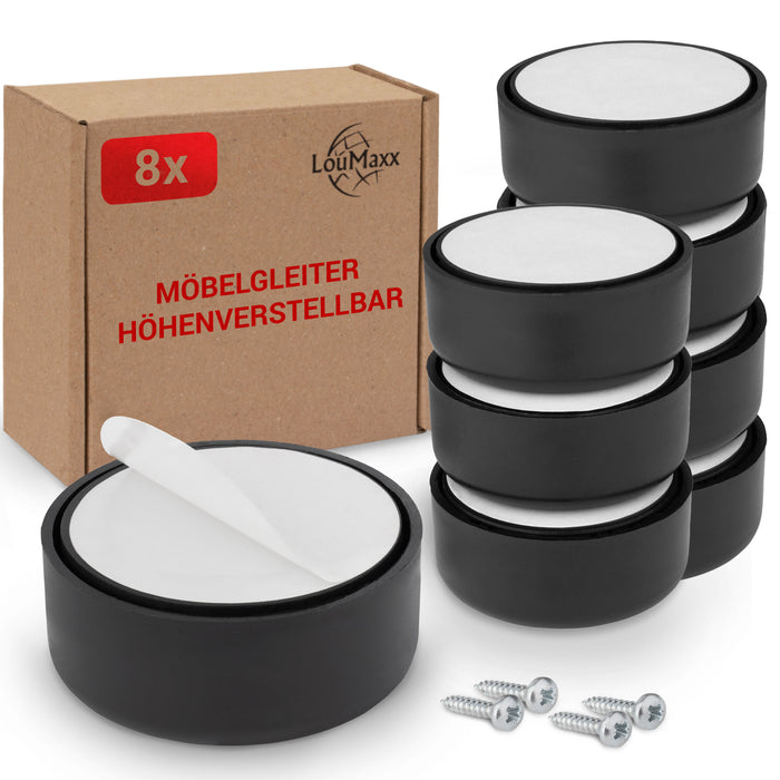 LouMaxx Möbelfüße höhenverstellbar– Füße für Möbel Ø 53,5 mm aus Kunststoff – Hochwertige Möbelerhöhung zum Kleben oder Schrauben – 8er Set Gleitfüße in Schwarz inkl. Montagematerial