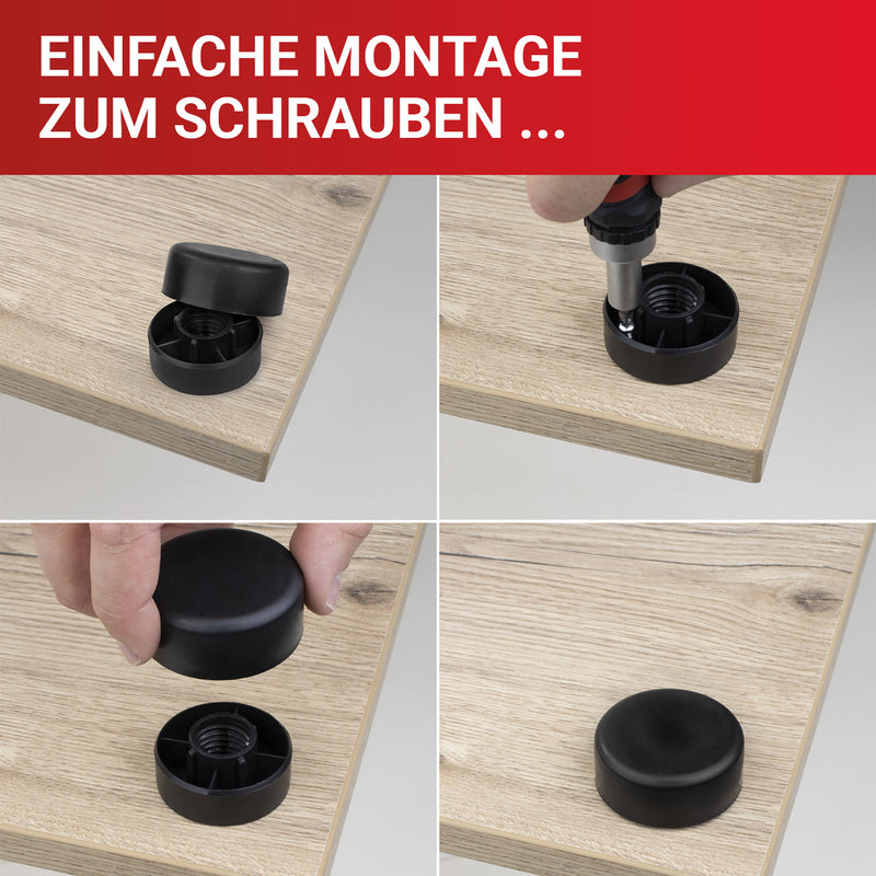 LouMaxx Möbelfüße höhenverstellbar– Füße für Möbel Ø 53,5 mm aus Kunststoff – Hochwertige Möbelerhöhung zum Kleben oder Schrauben – 8er Set Gleitfüße in Schwarz inkl. Montagematerial