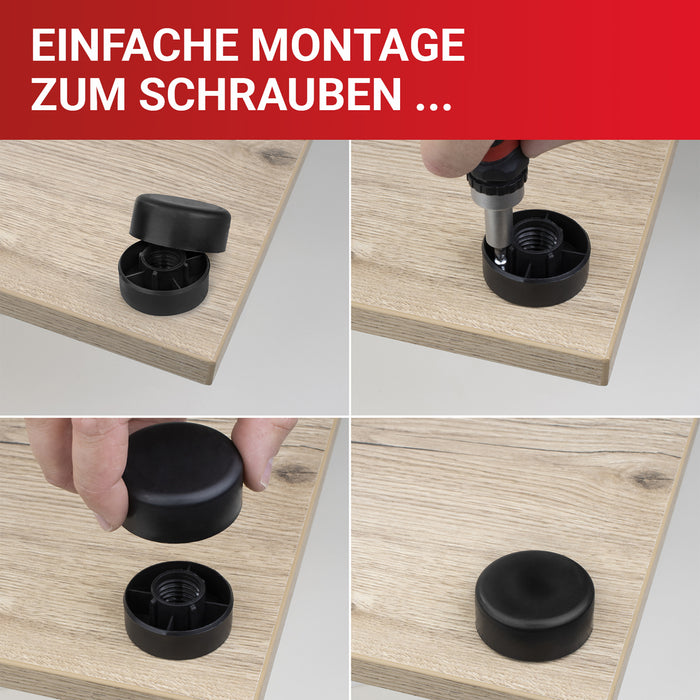 LouMaxx Möbelfüße höhenverstellbar– Füße für Möbel Ø 53,5 mm aus Kunststoff – Hochwertige Möbelerhöhung zum Kleben oder Schrauben – 8er Set Gleitfüße in Schwarz inkl. Montagematerial