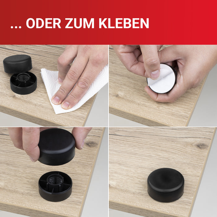LouMaxx Möbelfüße höhenverstellbar– Füße für Möbel Ø 53,5 mm aus Kunststoff – Hochwertige Möbelerhöhung zum Kleben oder Schrauben – 8er Set Gleitfüße in Schwarz inkl. Montagematerial