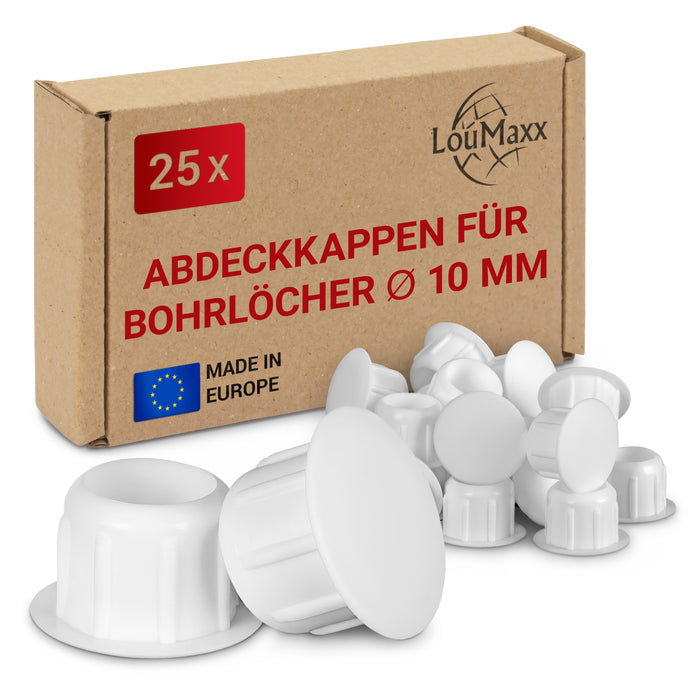 LouMaxx Abdeckkappen für Bohrlöcher Ø10mm - 25er Set Blindstopfen Kunststoff in Weiß – Bohrloch Abdeckkappen Made in Europe – UV-beständige Abdeckstopfen 10mm