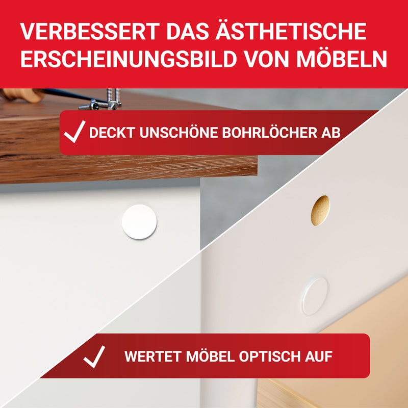 LouMaxx Abdeckkappen für Bohrlöcher Ø10mm - 25er Set Blindstopfen Kunststoff in Weiß – Bohrloch Abdeckkappen Made in Europe – UV-beständige Abdeckstopfen 10mm