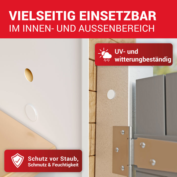 LouMaxx Abdeckkappen für Bohrlöcher Ø10mm - 25er Set Blindstopfen Kunststoff in Weiß – Bohrloch Abdeckkappen Made in Europe – UV-beständige Abdeckstopfen 10mm