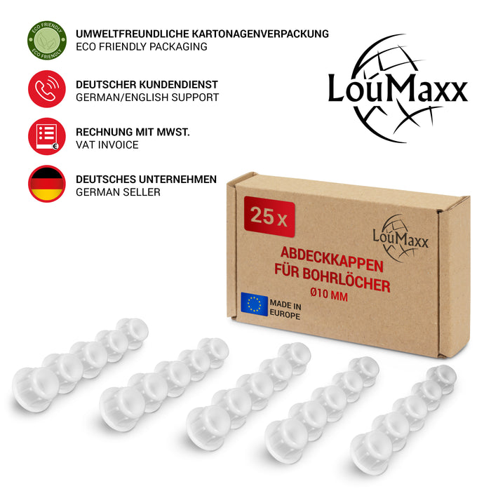 LouMaxx Abdeckkappen für Bohrlöcher Ø10mm - 25er Set Blindstopfen Kunststoff in Weiß – Bohrloch Abdeckkappen Made in Europe – UV-beständige Abdeckstopfen 10mm