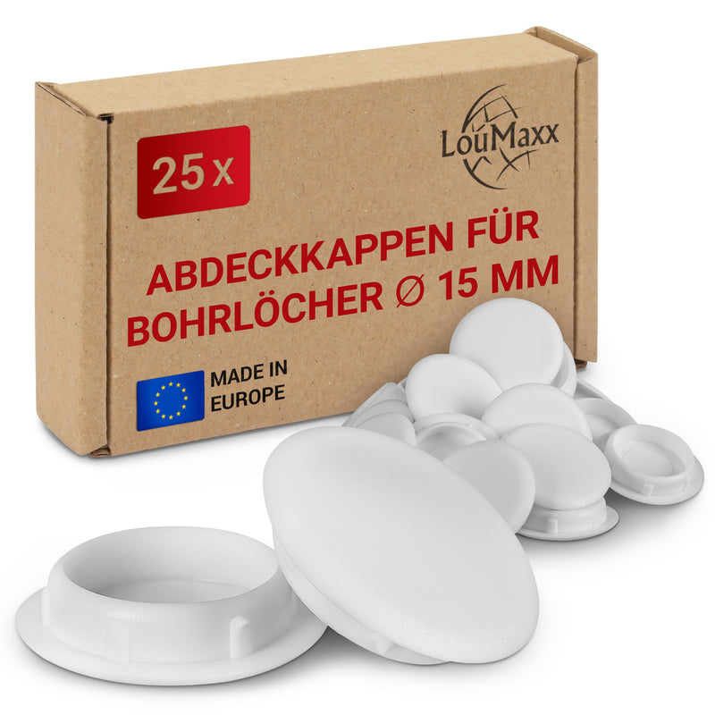 LouMaxx Abdeckkappen für Bohrlöcher Ø15mm - 25er Set Blindstopfen Kunststoff in Weiß – Bohrloch Abdeckkappen Made in Europe – UV-beständige Abdeckkappe