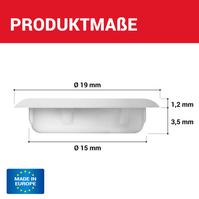 LouMaxx Abdeckkappen für Bohrlöcher Ø15mm - 25er Set Blindstopfen Kunststoff in Weiß – Bohrloch Abdeckkappen Made in Europe – UV-beständige Abdeckkappe