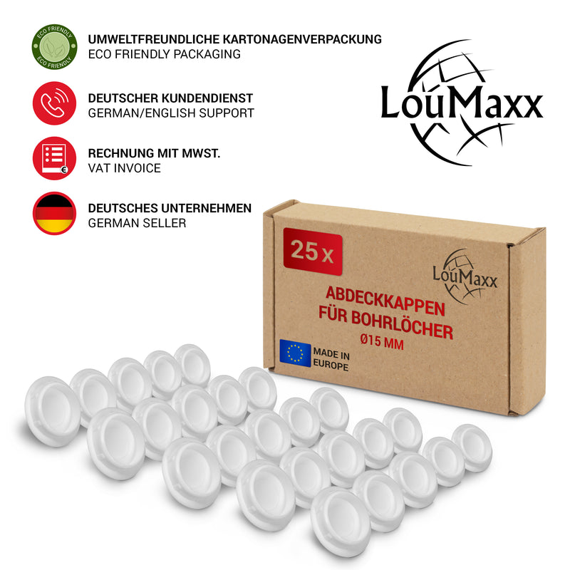 LouMaxx Abdeckkappen für Bohrlöcher Ø15mm - 25er Set Blindstopfen Kunststoff in Weiß – Bohrloch Abdeckkappen Made in Europe – UV-beständige Abdeckkappe