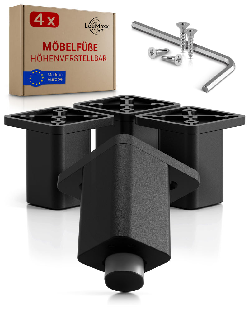LouMaxx Möbelfüße verstellbar – 4er Set 38x38x60mm in Schwarz inkl. Befestigungsplatte – Füsse für Schränke passend als Kallax Füße – Hochwertige Schrank Füße für individuelle DIY-Möbel